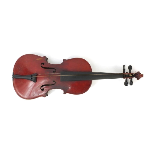 347 - Old wooden violin together with three bows and a carrying case, the violin with The Maidstone school... 