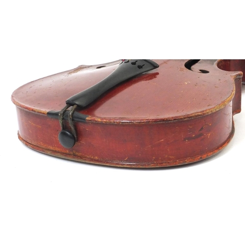 347 - Old wooden violin together with three bows and a carrying case, the violin with The Maidstone school... 