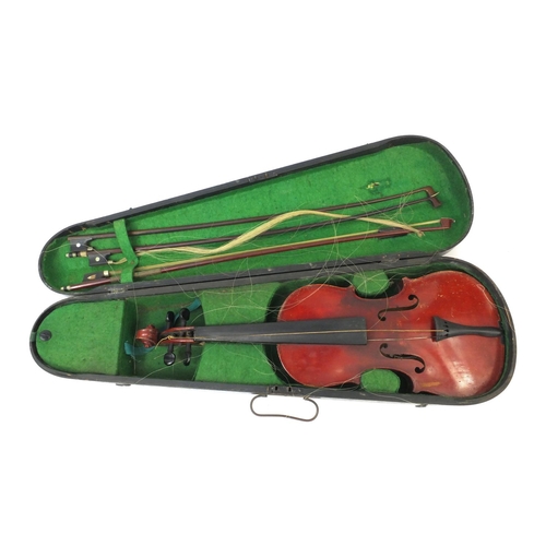 347 - Old wooden violin together with three bows and a carrying case, the violin with The Maidstone school... 