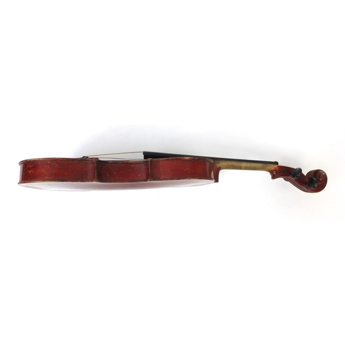 347 - Old wooden violin together with three bows and a carrying case, the violin with The Maidstone school... 