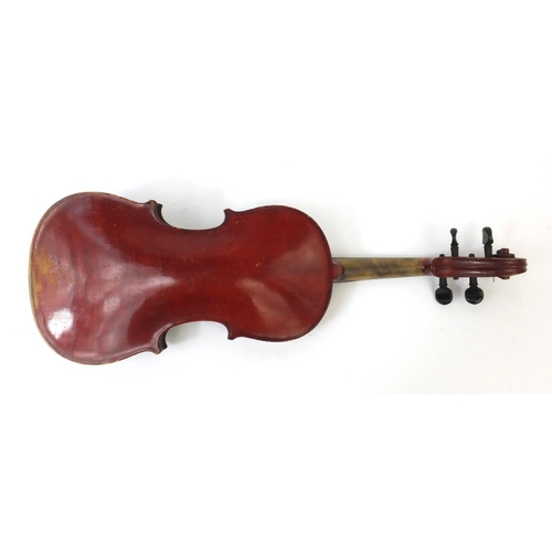 347 - Old wooden violin together with three bows and a carrying case, the violin with The Maidstone school... 