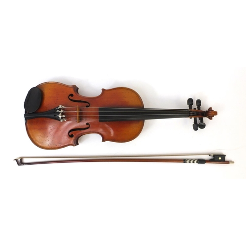 346 - Old wooden inlaid violin with Bausch bridge, bow and carrying case, the violin 53cm long