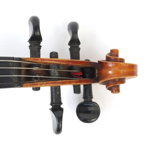 346 - Old wooden inlaid violin with Bausch bridge, bow and carrying case, the violin 53cm long