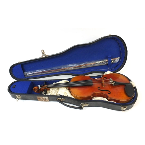 346 - Old wooden inlaid violin with Bausch bridge, bow and carrying case, the violin 53cm long