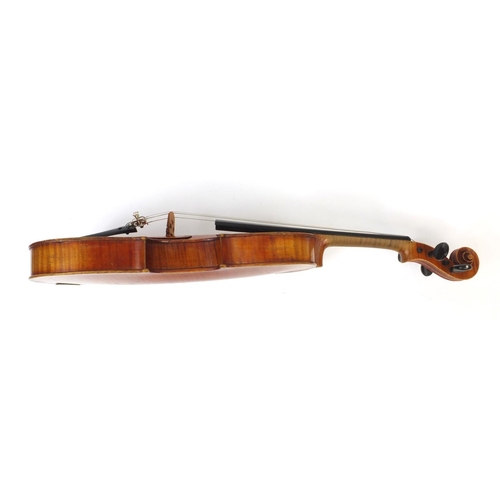 346 - Old wooden inlaid violin with Bausch bridge, bow and carrying case, the violin 53cm long