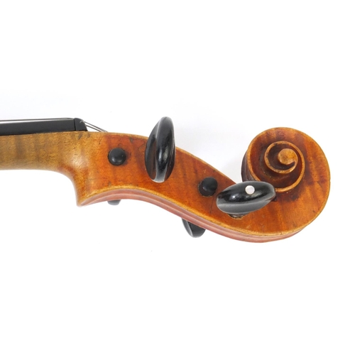 346 - Old wooden inlaid violin with Bausch bridge, bow and carrying case, the violin 53cm long