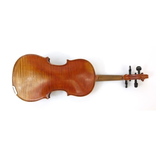 346 - Old wooden inlaid violin with Bausch bridge, bow and carrying case, the violin 53cm long