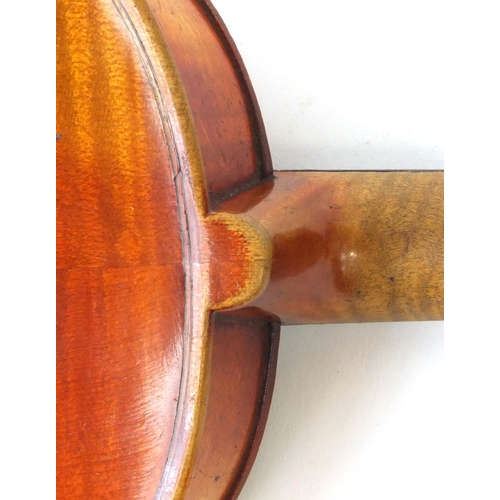 346 - Old wooden inlaid violin with Bausch bridge, bow and carrying case, the violin 53cm long