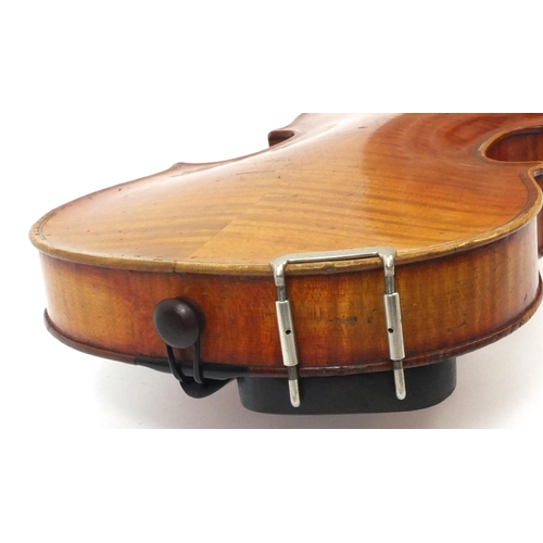 346 - Old wooden inlaid violin with Bausch bridge, bow and carrying case, the violin 53cm long