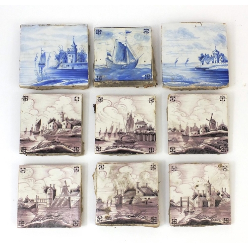 601 - Group of nine Delft tiles each hand painted with boats, windmills and churches, each approximately 1... 
