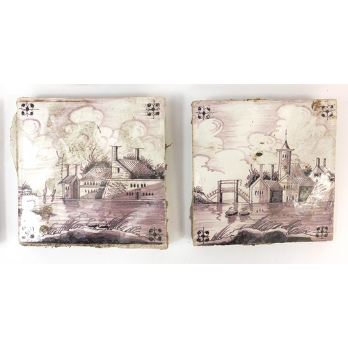 601 - Group of nine Delft tiles each hand painted with boats, windmills and churches, each approximately 1... 