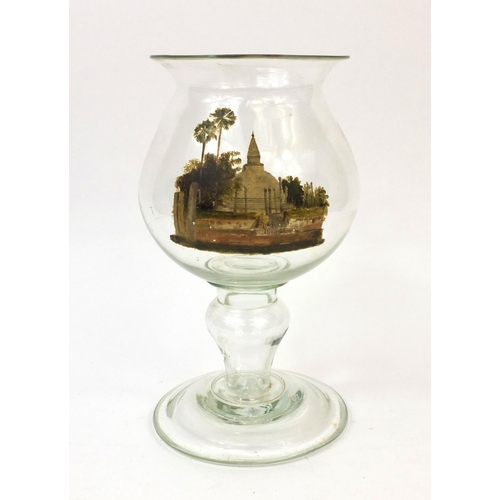 626 - Large antique glass goblet hand painted with a churchyard scene, 30cm high