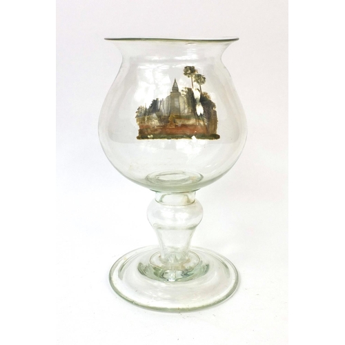 626 - Large antique glass goblet hand painted with a churchyard scene, 30cm high