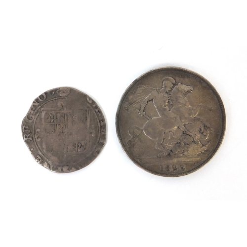 285 - George IV 1822 silver crown together with an antique silver hammered coin, approximate weight 33.5g,... 