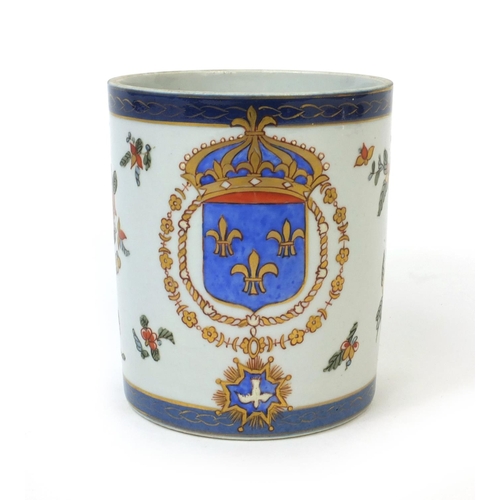 596 - Samson porcelain armorial brush pot hand painted with flowers, factory marks to the base, 11cm high