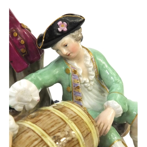 590 - 19th century Meissen hand painted porcelain figure group of two males and a female, factory marks to... 