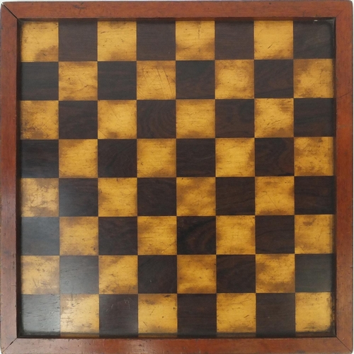 413 - Mahogany framed satin and rosewood chess board, 41cm x 41cm