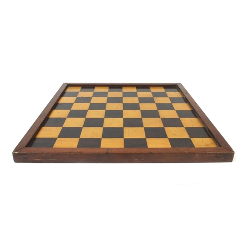 414 - Mahogany framed satin and rosewood chess board, 56cm x 56cm