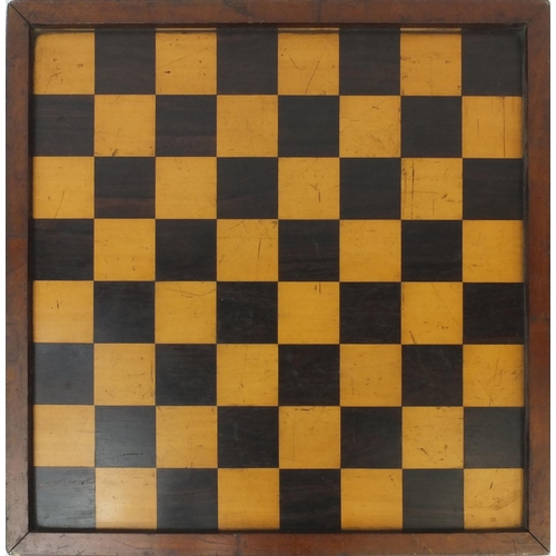 414 - Mahogany framed satin and rosewood chess board, 56cm x 56cm