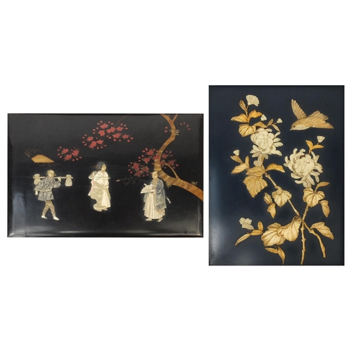 582 - Two Oriental lacquered panels with bone relief decoration, one decorated with birds and flowers, one... 