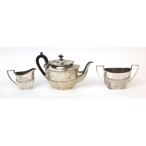 798 - Walker & Hall silver plated three piece tea service, from the wreck of S.S Wairarapa, each with engr... 