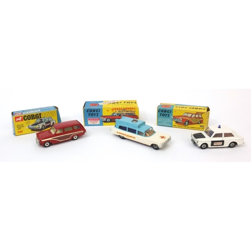 422 - Three boxed Corgi toys comprising Ford Consul Cortina, Super Estate car 491 Police IMP 505 and Super... 