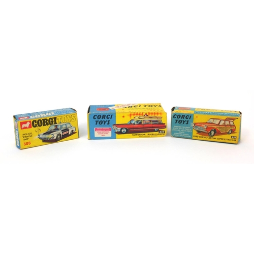 422 - Three boxed Corgi toys comprising Ford Consul Cortina, Super Estate car 491 Police IMP 505 and Super... 