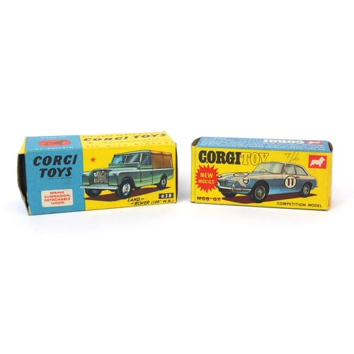 425 - Two boxed Corgi toys comprising Land rover 438 and MGB G.T. Competition model 345