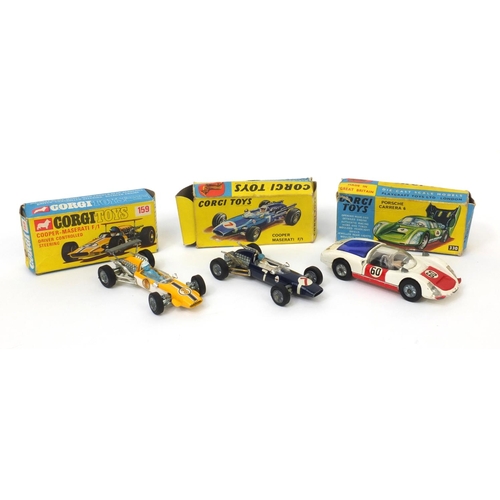 424 - Three boxed Corgi toys comprising Cooper Maserati F/1 156, Cooper Maserati F/1  159 and Porche Carre... 