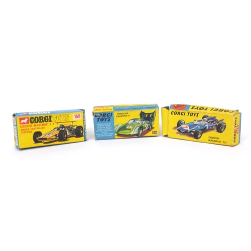 424 - Three boxed Corgi toys comprising Cooper Maserati F/1 156, Cooper Maserati F/1  159 and Porche Carre... 