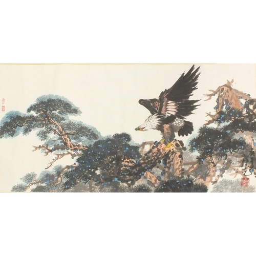 584 - Chinese scroll hand painted with an eagle perched on a branch, character marks, 198cm x 78cm