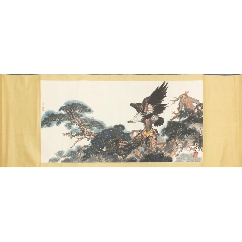 584 - Chinese scroll hand painted with an eagle perched on a branch, character marks, 198cm x 78cm