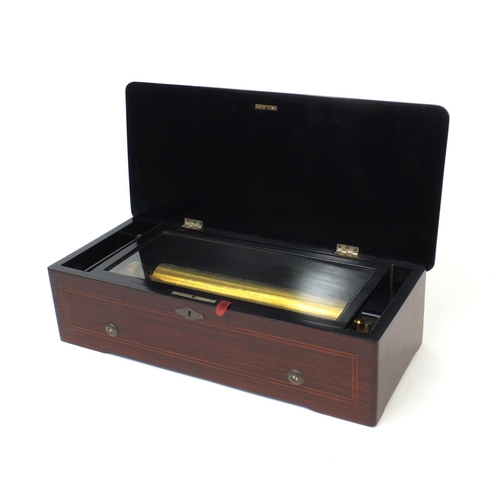 343 - Inlaid rosewood Swiss music box the hinged lid opening to reveal a 12inch brass cylinder, the lid in... 