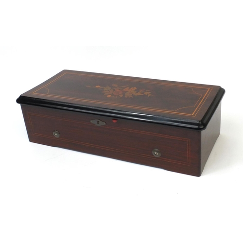 343 - Inlaid rosewood Swiss music box the hinged lid opening to reveal a 12inch brass cylinder, the lid in... 