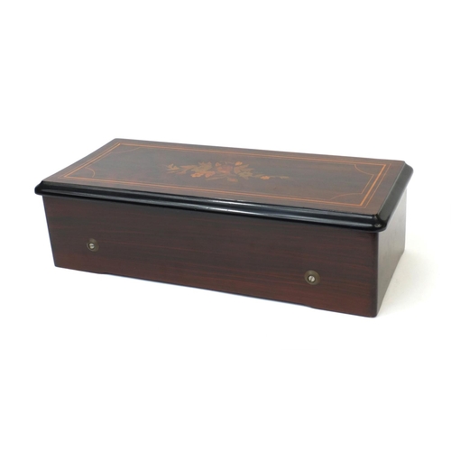 343 - Inlaid rosewood Swiss music box the hinged lid opening to reveal a 12inch brass cylinder, the lid in... 