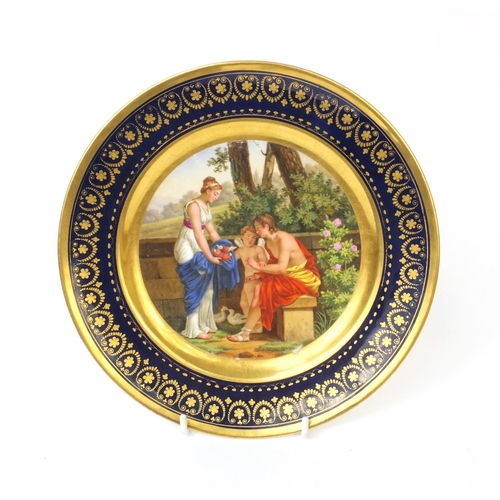 592 - French cabinet plate hand painted with a classical scene of two figures and winged putti, marked 'Pa... 
