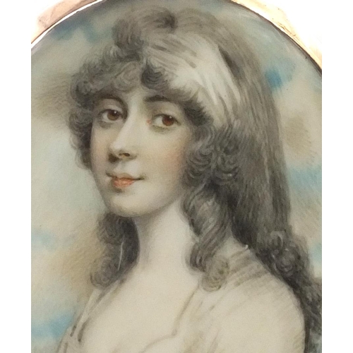 2 - 19th century oval portrait miniature of a lady wearing a white dress onto ivory, housed in an unmark... 