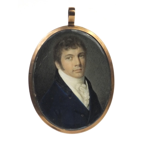 5 - 19th century oval portrait miniature of a gentleman wearing a blue coat onto ivory, possibly signed ... 