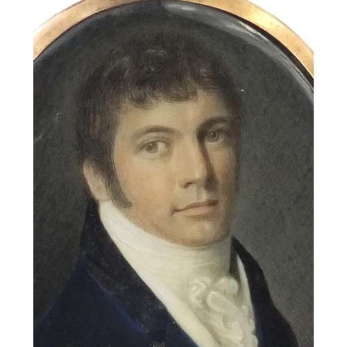 5 - 19th century oval portrait miniature of a gentleman wearing a blue coat onto ivory, possibly signed ... 