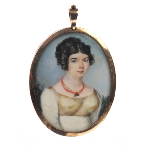 8 - 19th century oval portrait miniature of a lady wearing a coral necklace onto ivory, housed in an unm... 