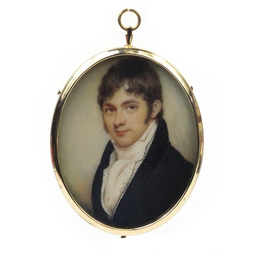 7 - 19th century oval portrait miniature of a gentleman wearing a black coat onto ivory, housed in a gol... 