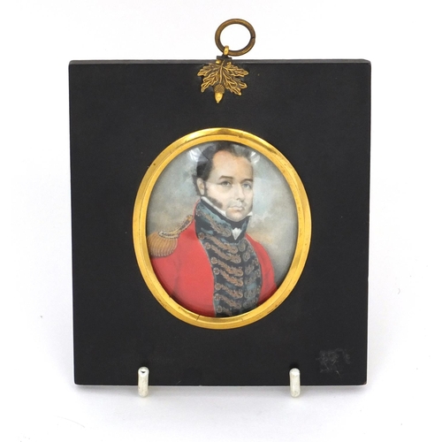 15 - 19th century oval portrait miniature of a soldier in uniform onto ivory, housed in an ebonised frame... 