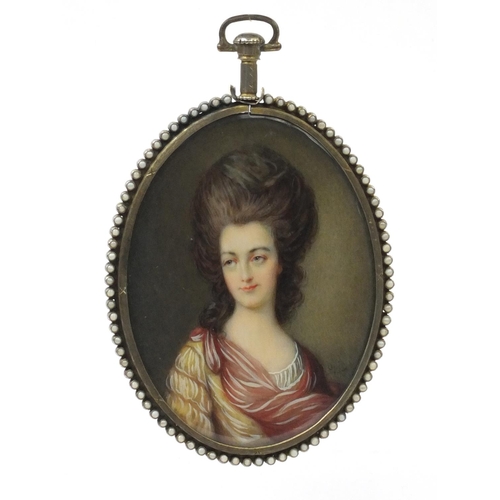 21 - 19th century oval portrait miniature of a lady wearing a red and yellow dress signed Opia? onto ivor... 