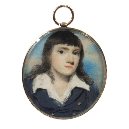 12 - Antique oval portrait miniature of a young boy onto ivory, housed in an unmarked gold mourning penda... 