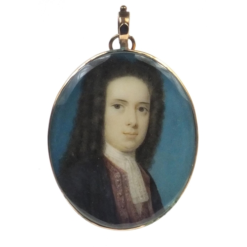 13 - 19th century oval portrait miniature of a gentleman wearing a black jacket onto ivory, housed in a g... 
