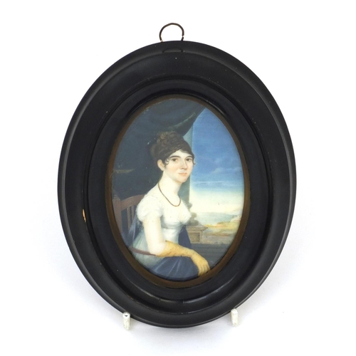 22 - 19th century oval portrait miniature of a seated female wearing a white dress onto ivory, housed in ... 