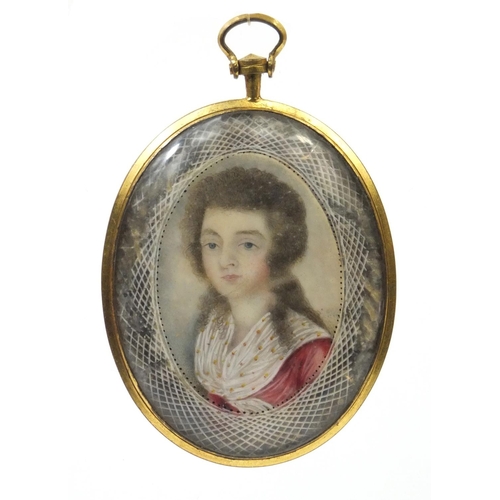 10 - 19th century oval portrait miniature of a lady wearing a red dress, housed in gold coloured metal mo... 