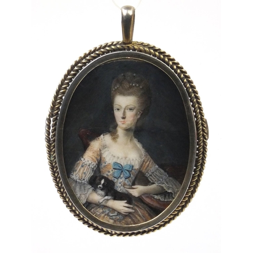 24 - 19th century oval portrait miniature of a lady sat with her cat wearing a dress onto ivory, housed i... 