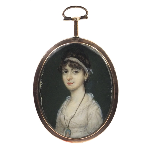 9 - 19th century oval portrait miniature of a lady wearing a white dress, housed in an unmarked gold fra... 
