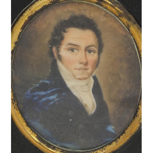 16 - Pair of 19th century oval portrait miniatures, one of a gentleman wearing a blue coat, the other of ... 
